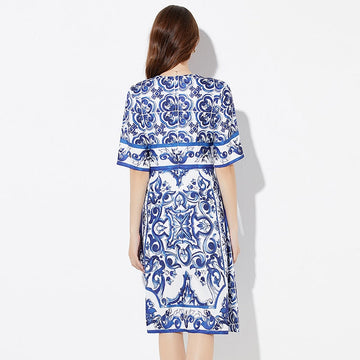 Znbbw Summer Runway Sicily Midi Dress Women Short Sleeve High Street Blue Flowers Print Slim Casual A-Line Knee Length Dress